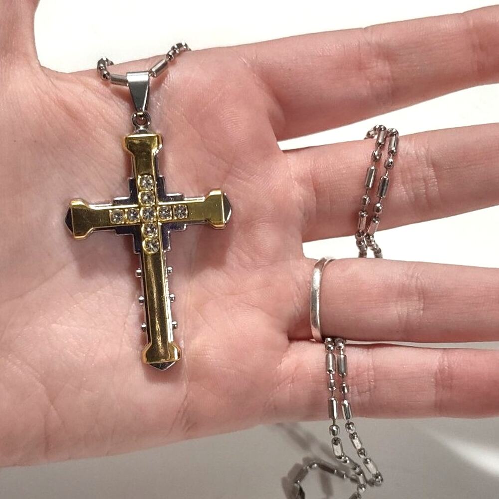 Gold Cross Necklace Rhinestone Gemstone Christian Christmas Birthday Gift - NEW!